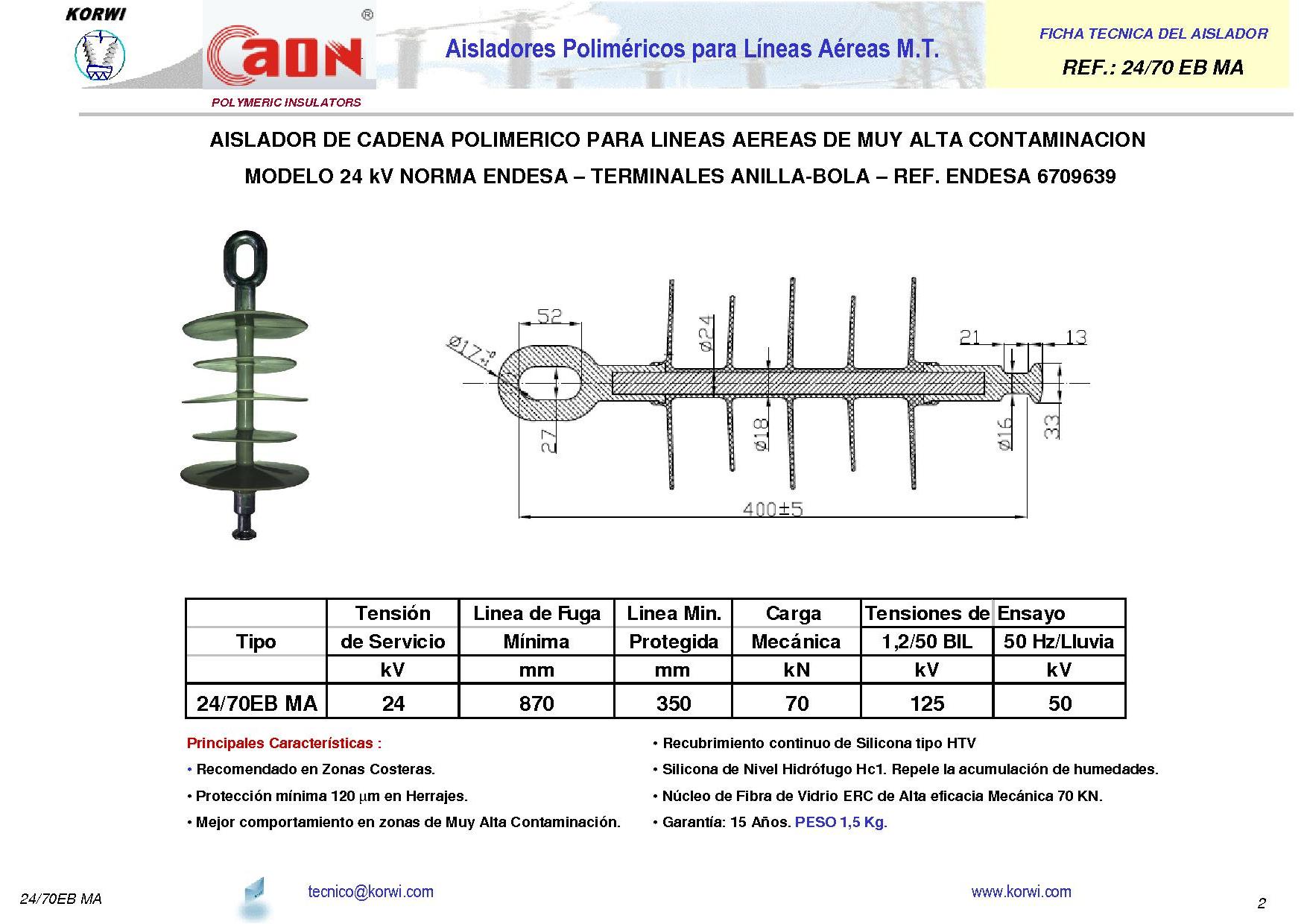 Aisladores Polim�ricos con longitud especifica indicada por la Compa��a operante en las Islas , con Ur = 24kV ; SML = 70kN , para zonas de Muy Alta Contaminaci�n y con L�nea de Fuga 870m.